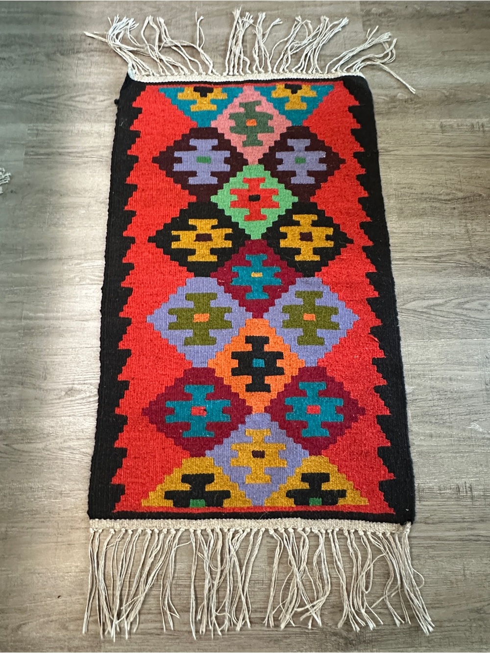 Handwoven Persian Kilim Rug 100% wool 46”x26” Geometric Rug - Red Accent